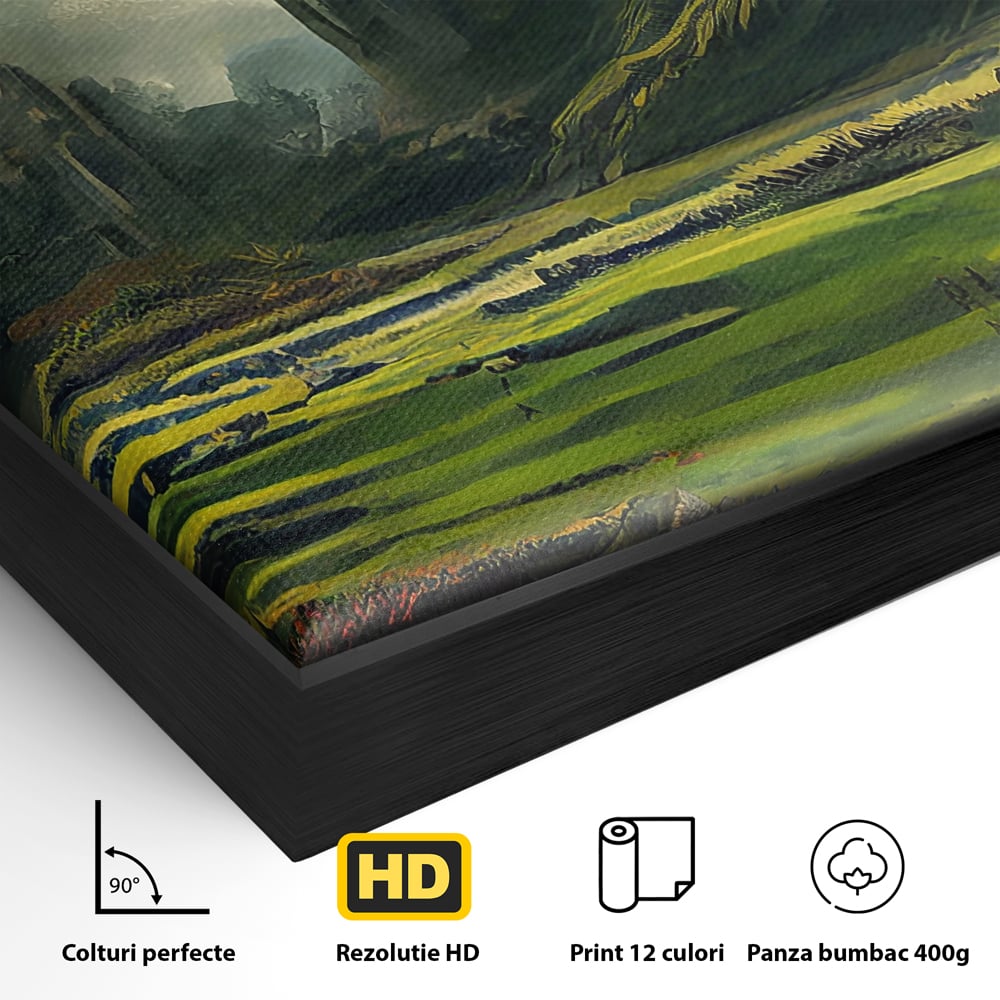 Detaliu al suprafetei: tablou canvas cu cetate medievala si peisaj, in rama de aluminiu negru